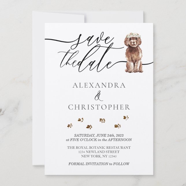 Brown Cavapoo puppy Wedding Calligraphy script Save The Date (Front)