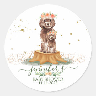 Brown Cavapoo with Floral Crown Baby Shower Classic Round Sticker