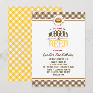 Brown Checks Burgers & Beer Summer Birthday Party Invitation