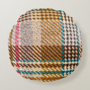 Brown chequered fabric, Scottish wool. Round Cushion