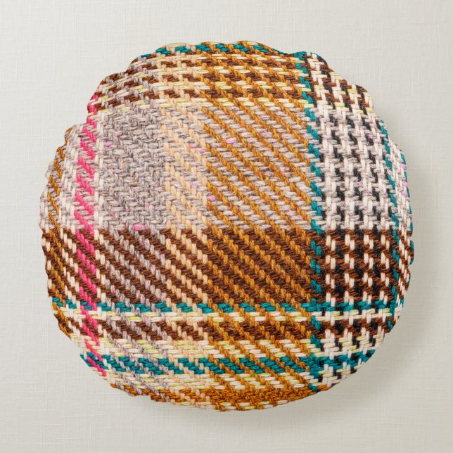 Brown chequered fabric with coloured threads. Scot Round Cushion (Front)