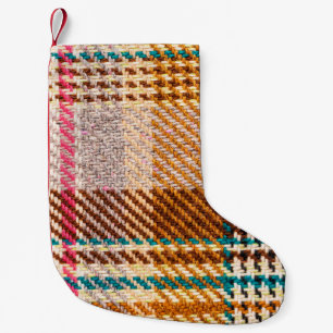 Brown chequered fabric with coloured threads. Scot Small Christmas Stocking