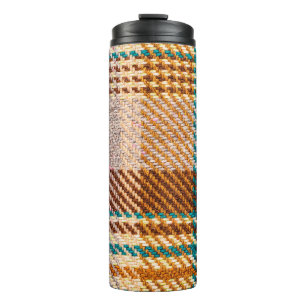 Brown chequered fabric with coloured threads. Scot Thermal Tumbler