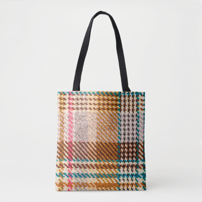 Brown chequered fabric with coloured threads. Scot Tote Bag (Front)