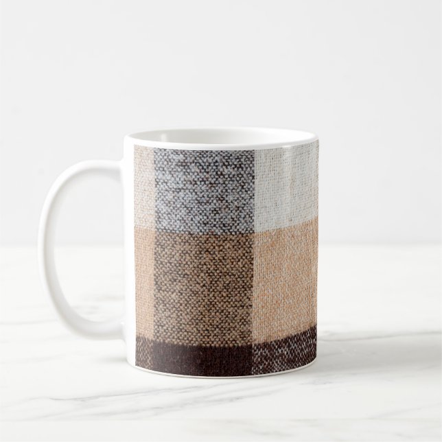 Brown chequered wool plaid fabric texture. tartan  coffee mug (Left)