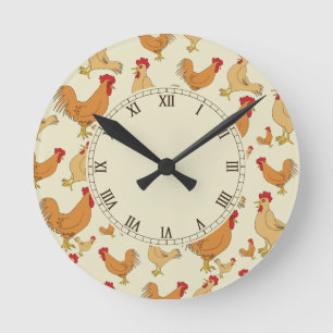 Brown Chicken and Roosters Round Clock