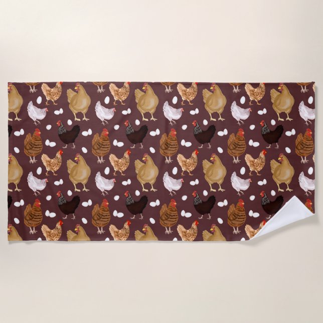 Brown Chicken and the Eggs Pattern Beach Towel (Front)