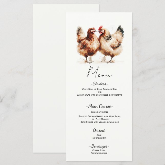 Brown Chickens Watercolor Country Wedding Menu (Front/Back)