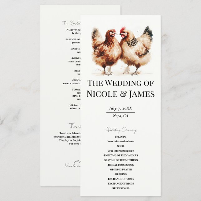 Brown Chickens Watercolor Country Wedding Program Menu (Front/Back)