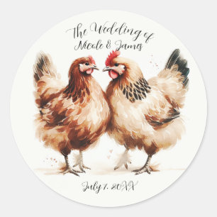 Brown Chickens Watercolor Rustic Wedding Classic Round Sticker