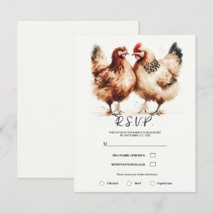 Brown Chickens Watercolor Rustic Wedding Invitation