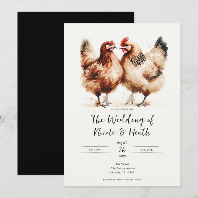 Brown Chickens Watercolor Rustic Wedding Invitation (Front/Back)