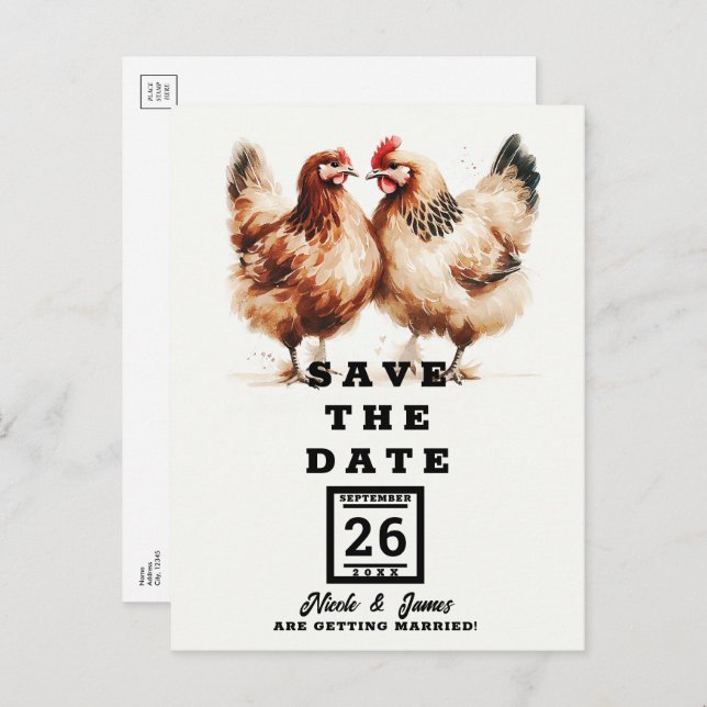 Brown Chickens Watercolor Wedding Save the Date Announcement Postcard (Front/Back)