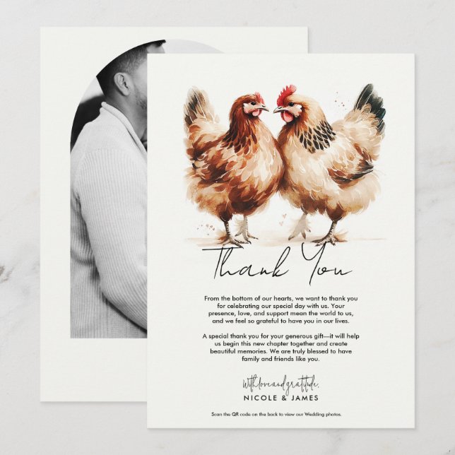 Brown Chickens Watercolor Wedding Thank You Invitation (Front/Back)