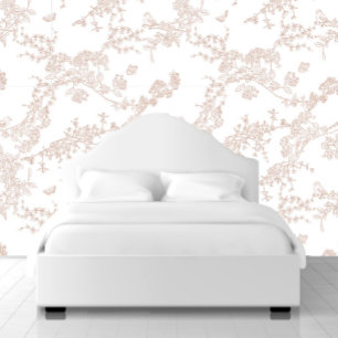 Brown Chinoiserie Toile Jouy Birds Floral Garden Wallpaper