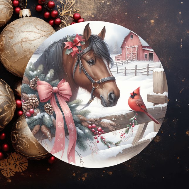 Brown Christmas Horse and Cardinal  Classic Round Sticker (Creator Uploaded)