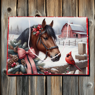 Brown Christmas Horse and Cardinal Large Gift Bag