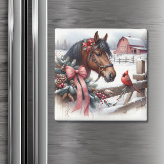 Brown Christmas Horse and Cardinal Magnet