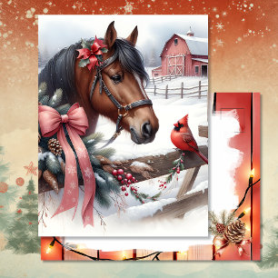 Brown Christmas Horse and Cardinal Personalised Postcard