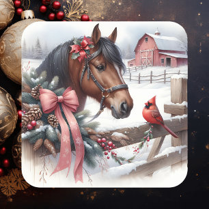 Brown Christmas Horse and Cardinal  Square Sticker