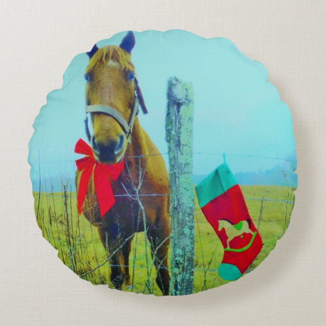 Brown Christmas Horse Round Cushion (Front)