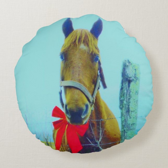 Brown Christmas Horse Round Cushion (Back)