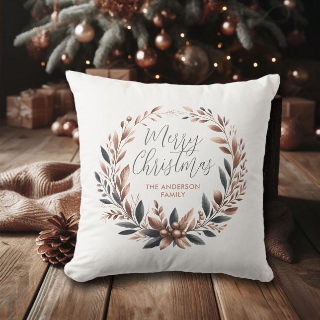 Brown Christmas Merry Copper Caramel Teal Wreath Cushion (brown christmas throw pillow personalized family name copper green terracotta earth tones neutral)