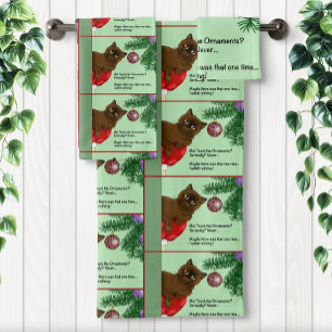 Brown Christmas Ornament Cat Bath Towel Set