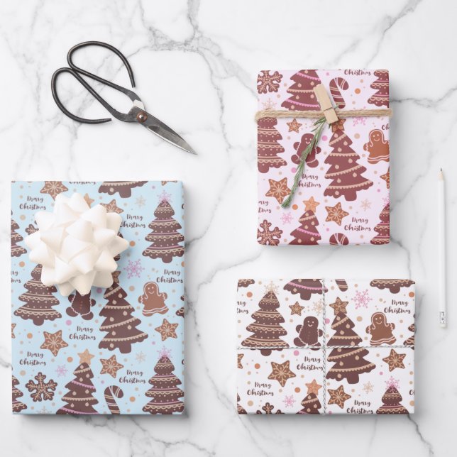 Brown Christmas Trees Gingerbread Men Christmas Wrapping Paper Sheet (Front)