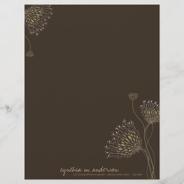 Brown Chrysanthemum Flowers Elegant Chic Floral Personalized Letterhead (Front)