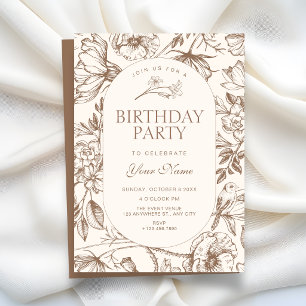Brown Classic artistic floral birthday Invitation