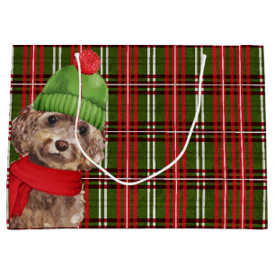 Brown Cockapoo Dog on Plaid Christmas Large Gift Bag