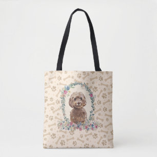 Brown Cockapoo Dog Paw Print & Dog Bone Cute  Tote Bag