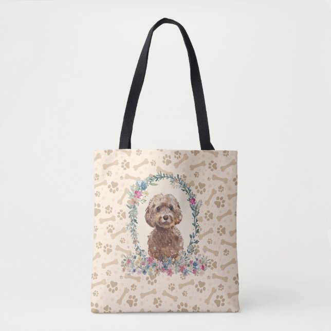 Brown Cockapoo Dog Paw Print & Dog Bone Cute  Tote Bag (Front)