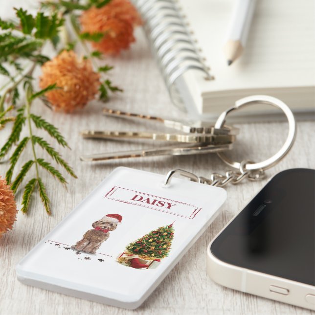 Brown Cockapoo Funny Christmas Dog and Tree Key Ring (Front Right)