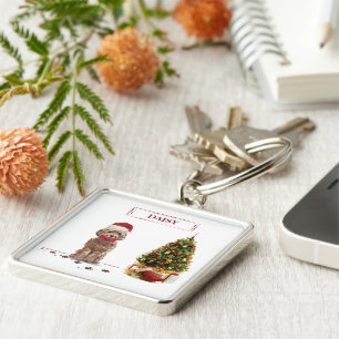 Brown Cockapoo Funny Christmas Dog and Tree Key Ring