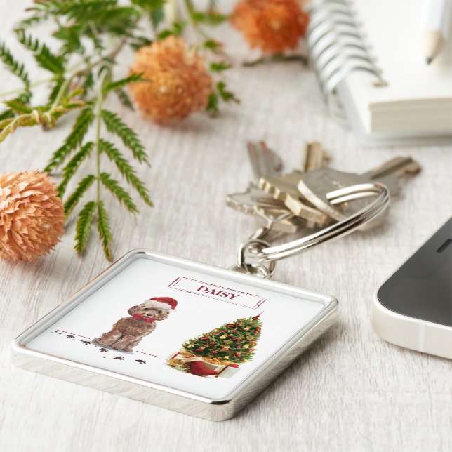 Brown Cockapoo Funny Christmas Dog and Tree Key Ring (Side)