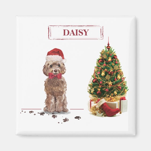 Brown Cockapoo Funny Christmas Dog and Tree Magnet (Front)