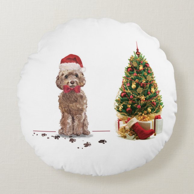Brown Cockapoo Funny Christmas Dog and Tree Round Cushion (Front)