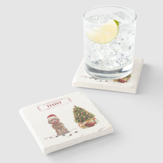 Brown Cockapoo Funny Christmas Dog and Tree Stone Coaster (Side)