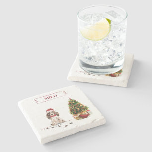 Brown Cocker Spaniel Funny Christmas Dog with Tree Stone Coaster