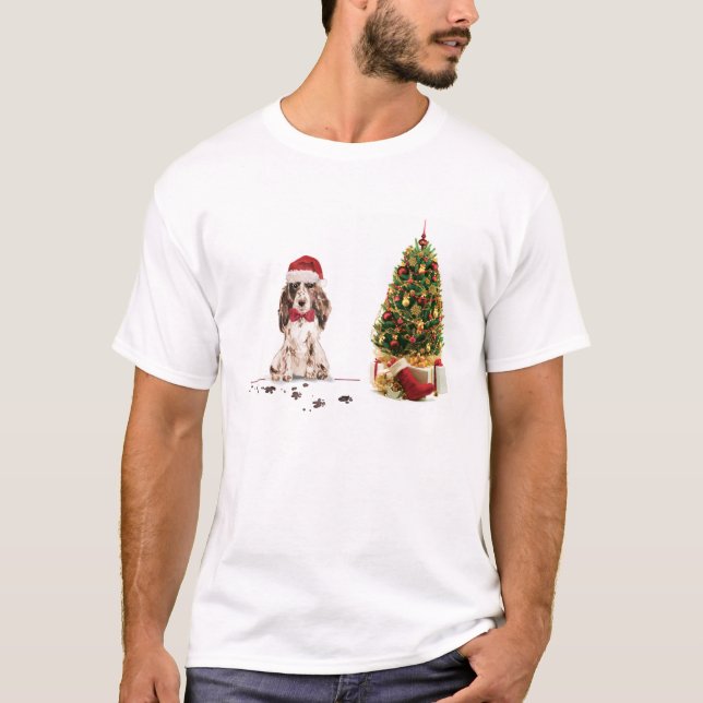 Brown Cocker Spaniel Funny Christmas Dog with Tree T-Shirt (Front)