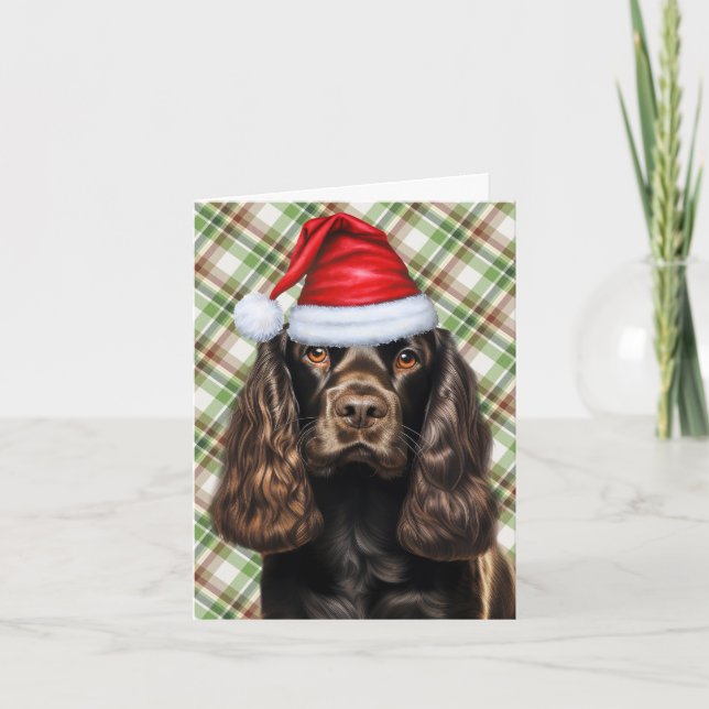 Brown Cocker Spaniel Green Plaid Christmas Holiday Card (Front)