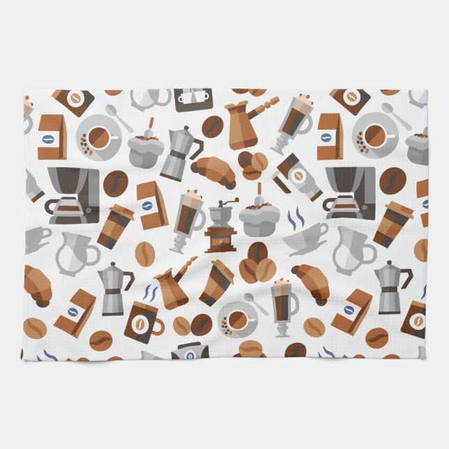 Brown Coffee and Croissant Pattern Tea Towel (Horizontal)