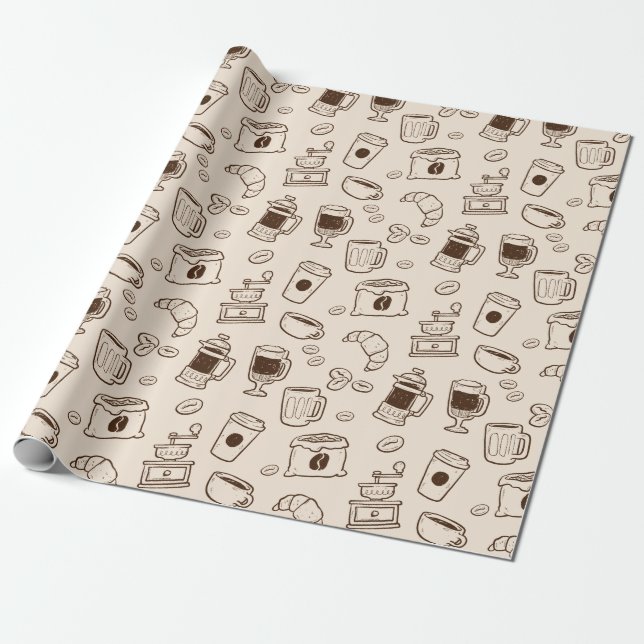 Brown coffee beans illustrated elements pattern wrapping paper (Unrolled)