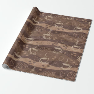 Brown Coffee Cup Coffee Beans Hearts Wrapping Paper