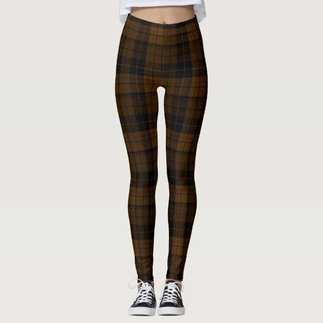 Brown Cola Colour, Black Nero Twill Tartan; Plaid  Leggings (Front)