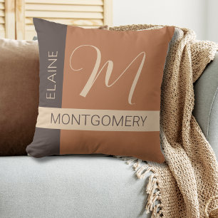 Brown Colour Block Monogram Pillow