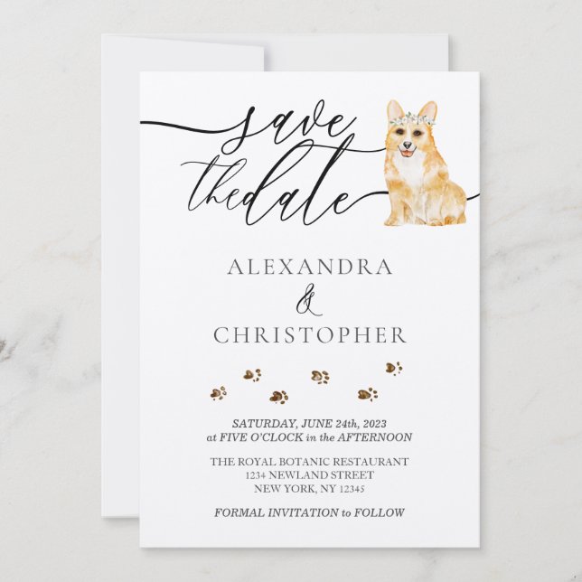 Brown Corgi puppy Wedding Calligraphy script Save The Date (Front)