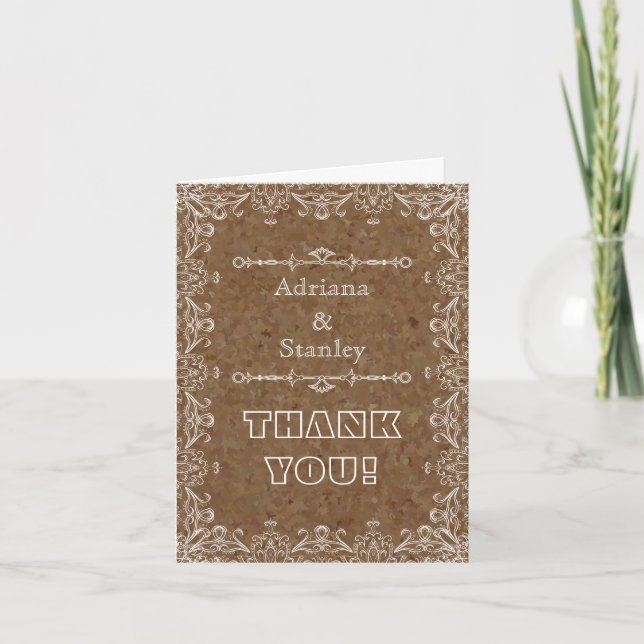 Brown cork & flourish frame wedding Thank You (Front)